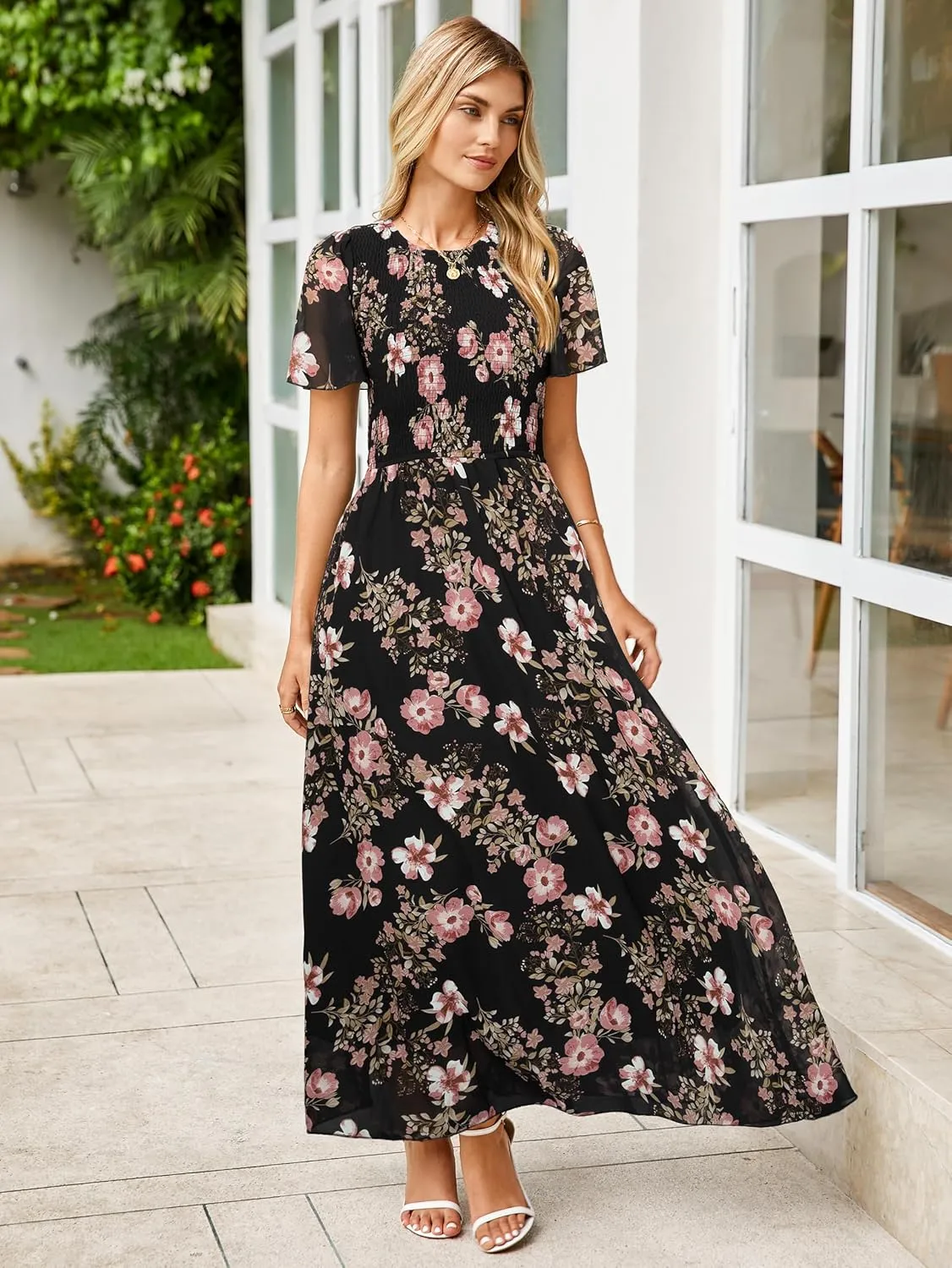 Simplee Womens Summer Floral Casual Maxi Dresses Flutter Short Sleeve Crew Neck Smocked Chiffon Boho Flowy Dress