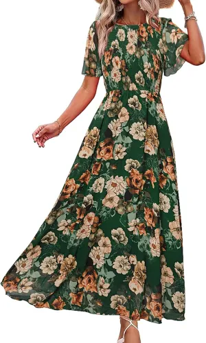 Simplee Womens Summer Floral Casual Maxi Dresses Flutter Short Sleeve Crew Neck Smocked Chiffon Boho Flowy Dress