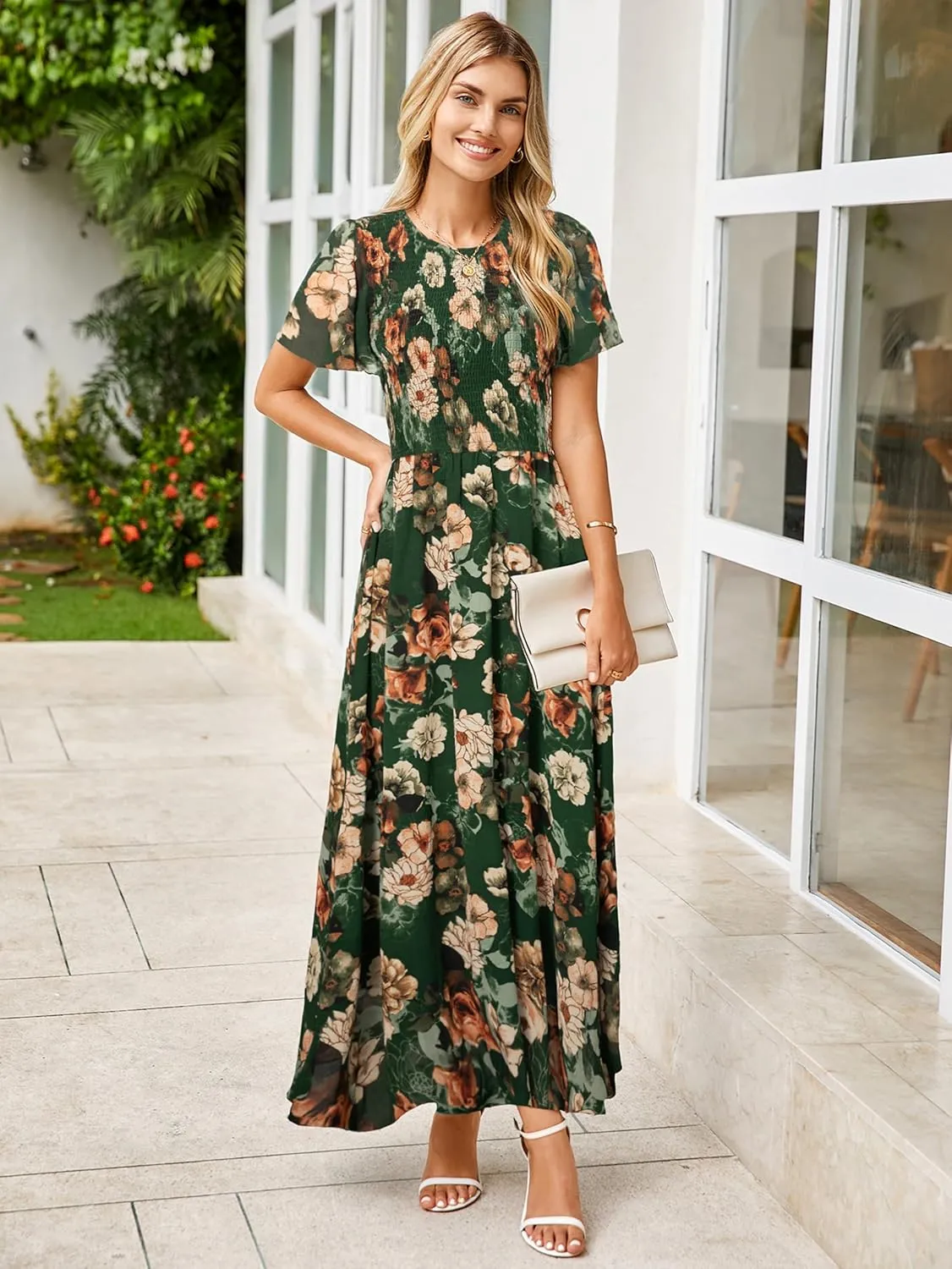 Simplee Womens Summer Floral Casual Maxi Dresses Flutter Short Sleeve Crew Neck Smocked Chiffon Boho Flowy Dress