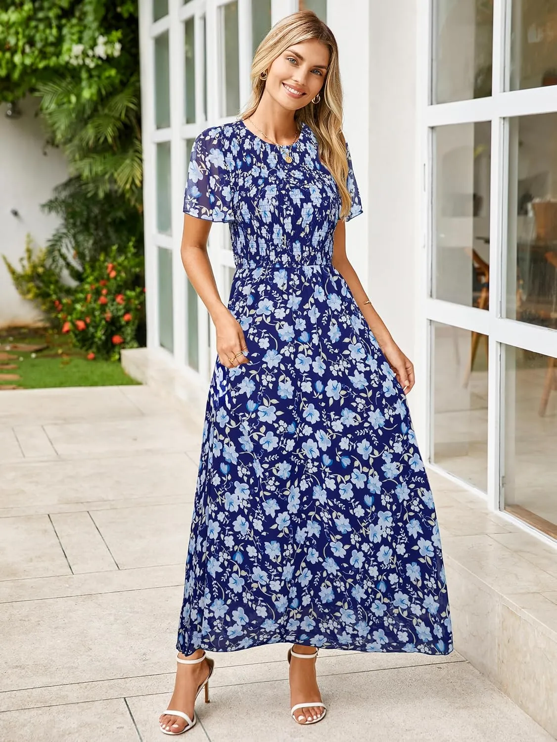 Simplee Womens Summer Floral Casual Maxi Dresses Flutter Short Sleeve Crew Neck Smocked Chiffon Boho Flowy Dress