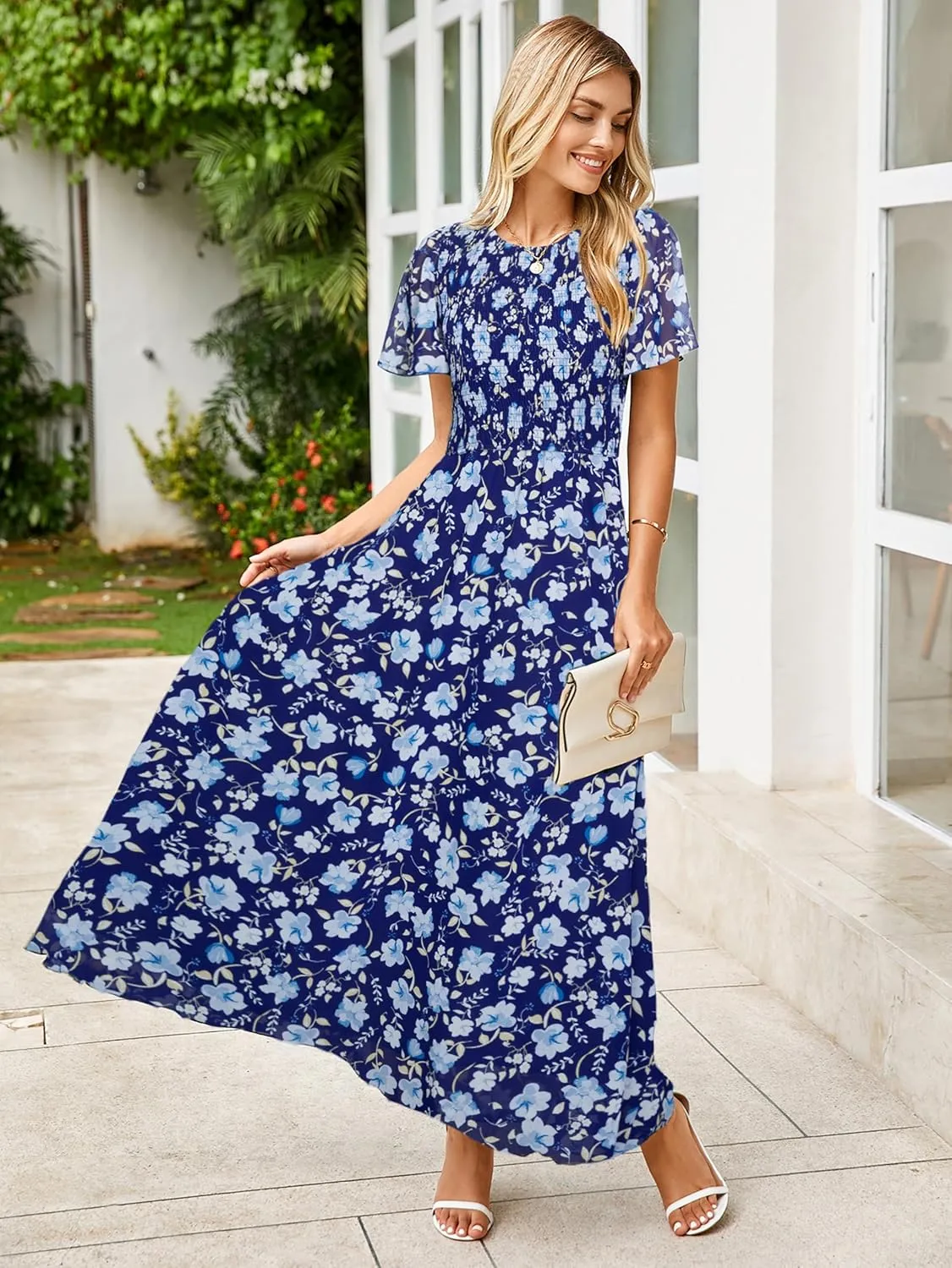 Simplee Womens Summer Floral Casual Maxi Dresses Flutter Short Sleeve Crew Neck Smocked Chiffon Boho Flowy Dress