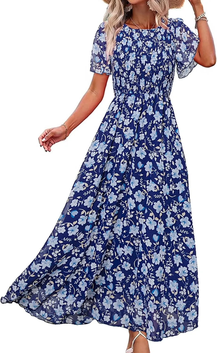 Simplee Womens Summer Floral Casual Maxi Dresses Flutter Short Sleeve Crew Neck Smocked Chiffon Boho Flowy Dress