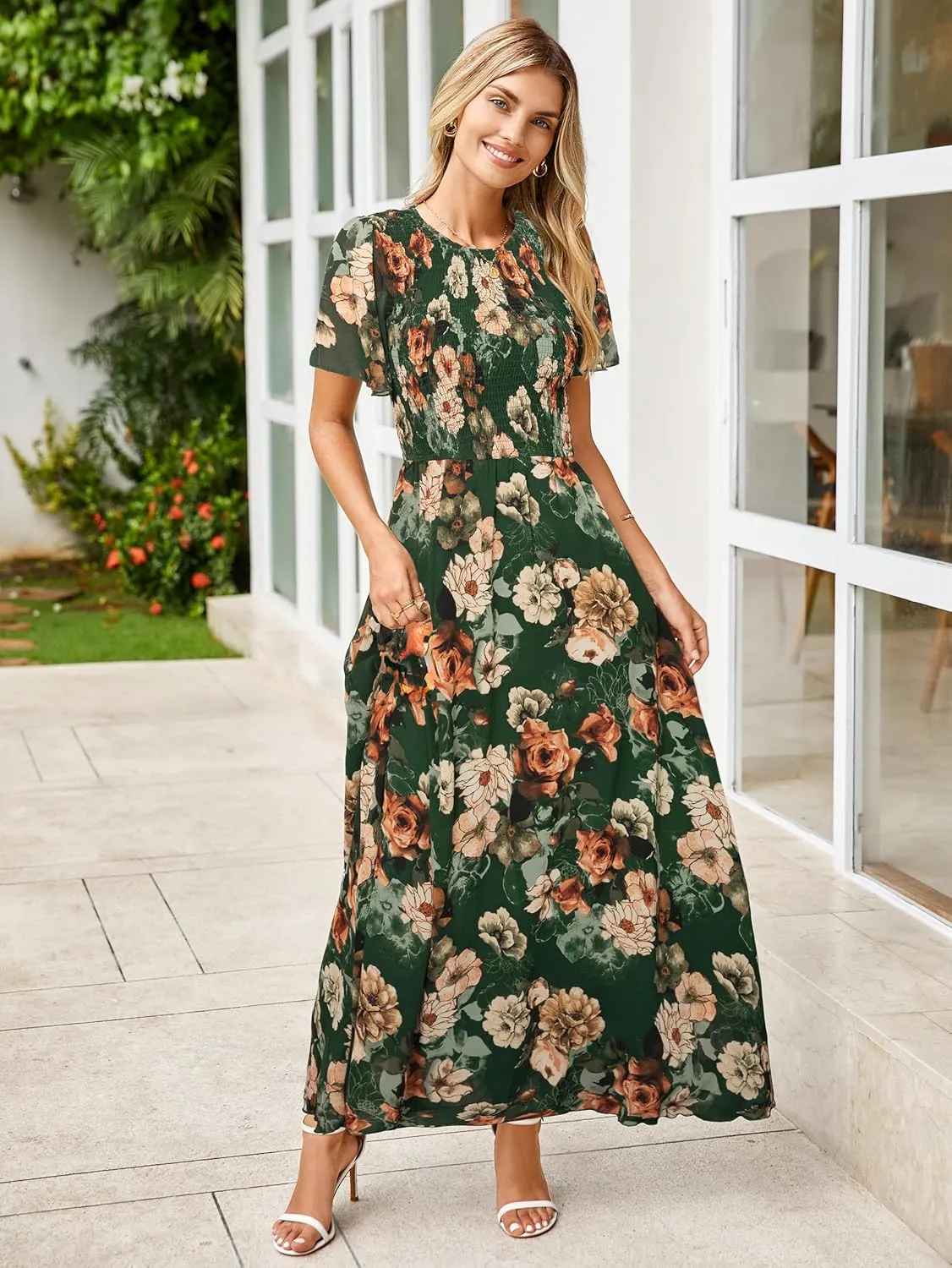 Simplee Womens Summer Floral Casual Maxi Dresses Flutter Short Sleeve Crew Neck Smocked Chiffon Boho Flowy Dress