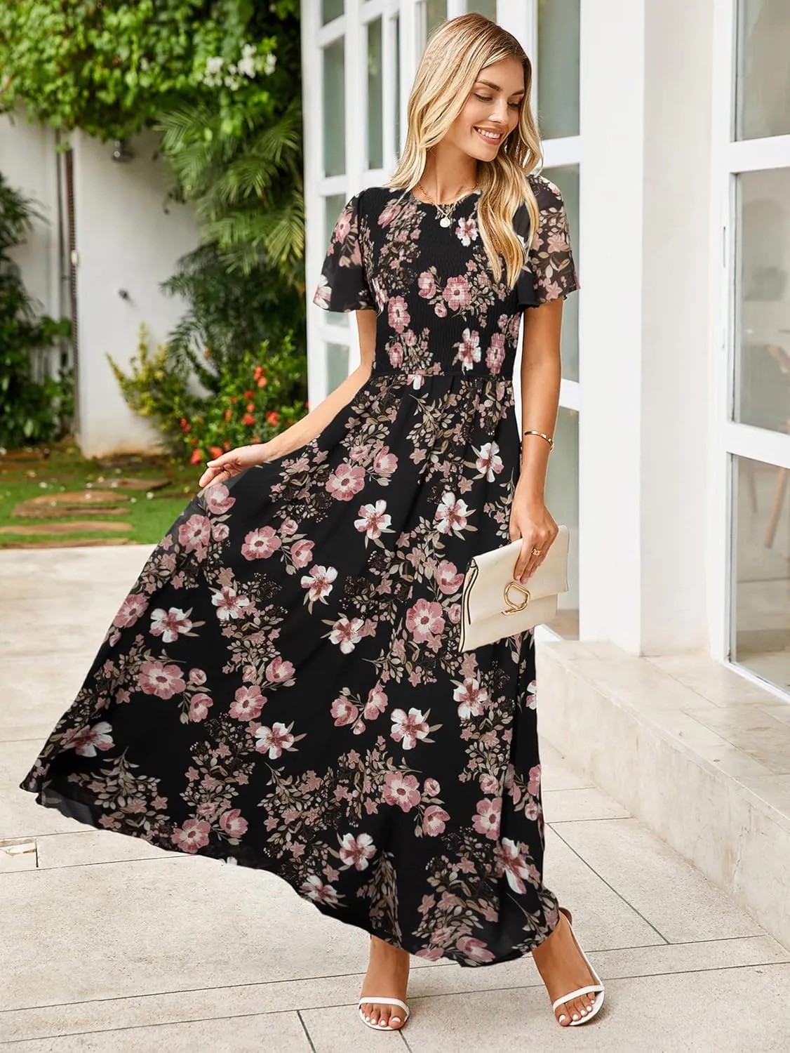 Simplee Womens Summer Floral Casual Maxi Dresses Flutter Short Sleeve Crew Neck Smocked Chiffon Boho Flowy Dress