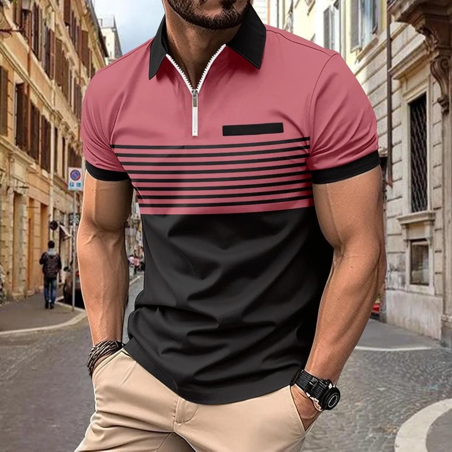 Striped Polo Shirts for Men Short Sleeve Casual Stylish Golf Tee Tops Classic Color Block Slim Fit Moisture Wicking Tshirt