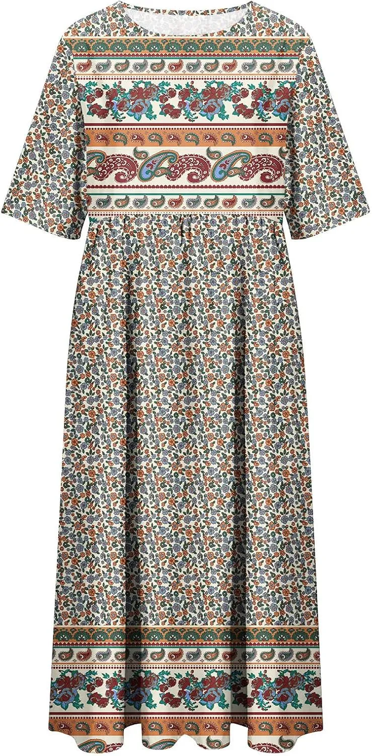 Tshirt Dress for Women 2025 Casual Plus Size Summer Midi Dress Boho Floral Print Loose Flowy Long Dresses with Pockets