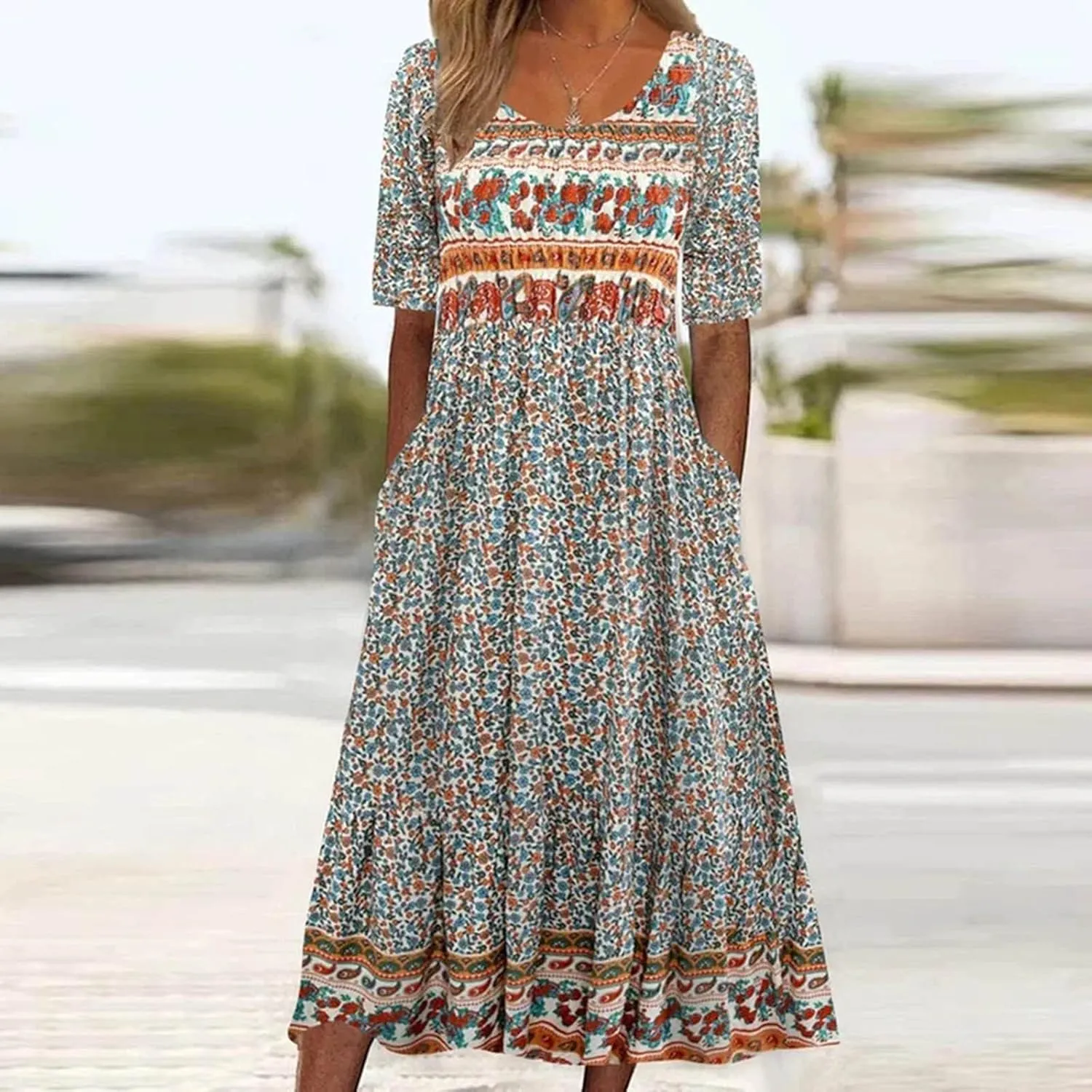 Tshirt Dress for Women 2025 Casual Plus Size Summer Midi Dress Boho Floral Print Loose Flowy Long Dresses with Pockets