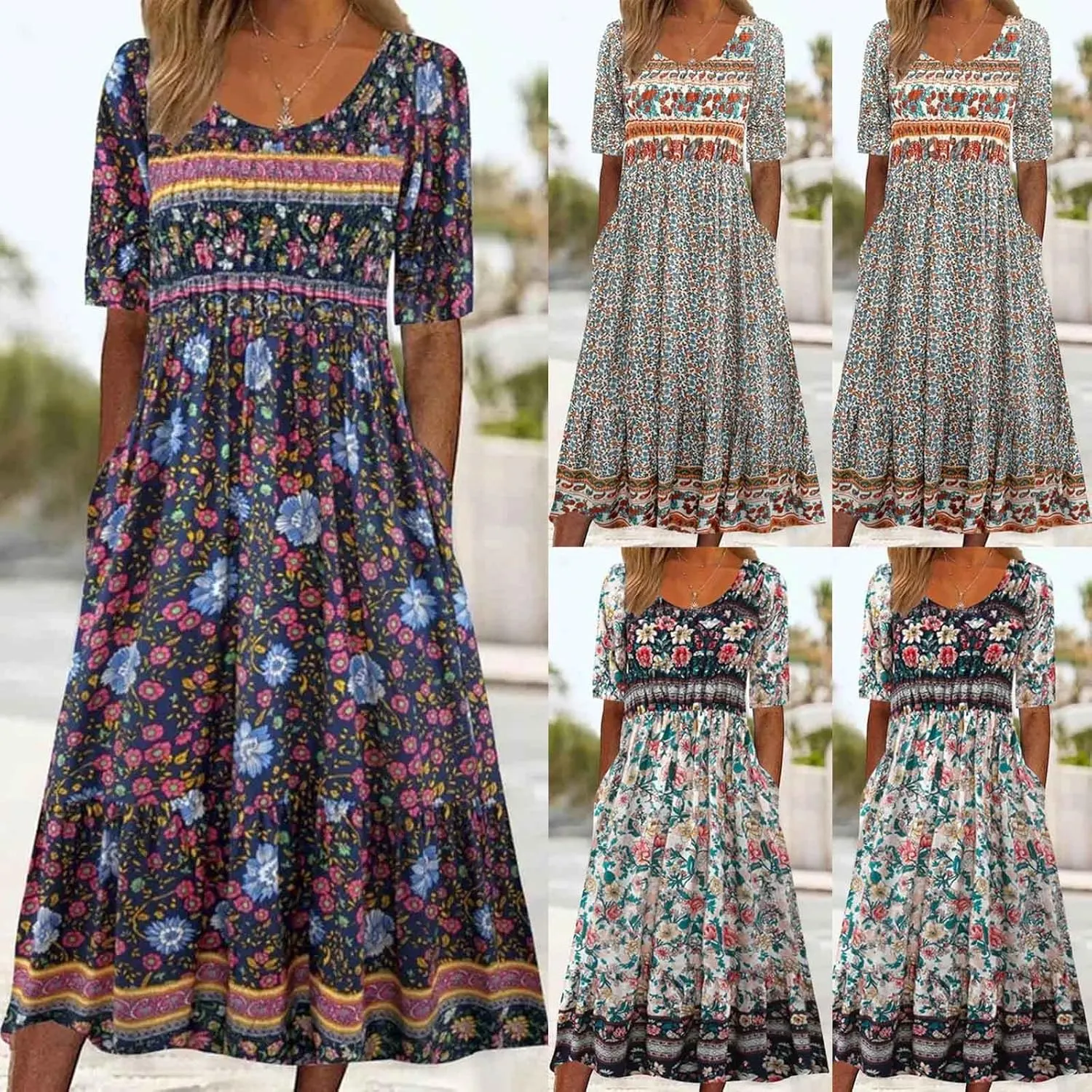 Tshirt Dress for Women 2025 Casual Plus Size Summer Midi Dress Boho Floral Print Loose Flowy Long Dresses with Pockets