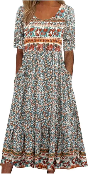 Tshirt Dress for Women 2025 Casual Plus Size Summer Midi Dress Boho Floral Print Loose Flowy Long Dresses with Pockets