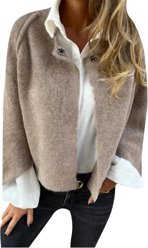 TYQQU Women's Wool Blend Cropped Coats Button Casual Bomber Jacket Fashion Batwing Sleeve Jacket