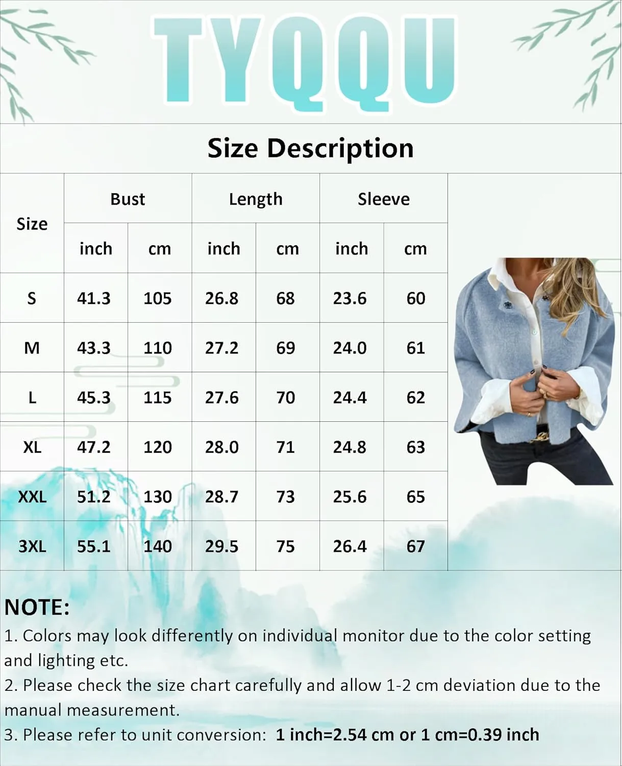 TYQQU Women's Wool Blend Cropped Coats Button Casual Bomber Jacket Fashion Batwing Sleeve Jacket