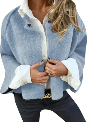 TYQQU Women's Wool Blend Cropped Coats Button Casual Bomber Jacket Fashion Batwing Sleeve Jacket