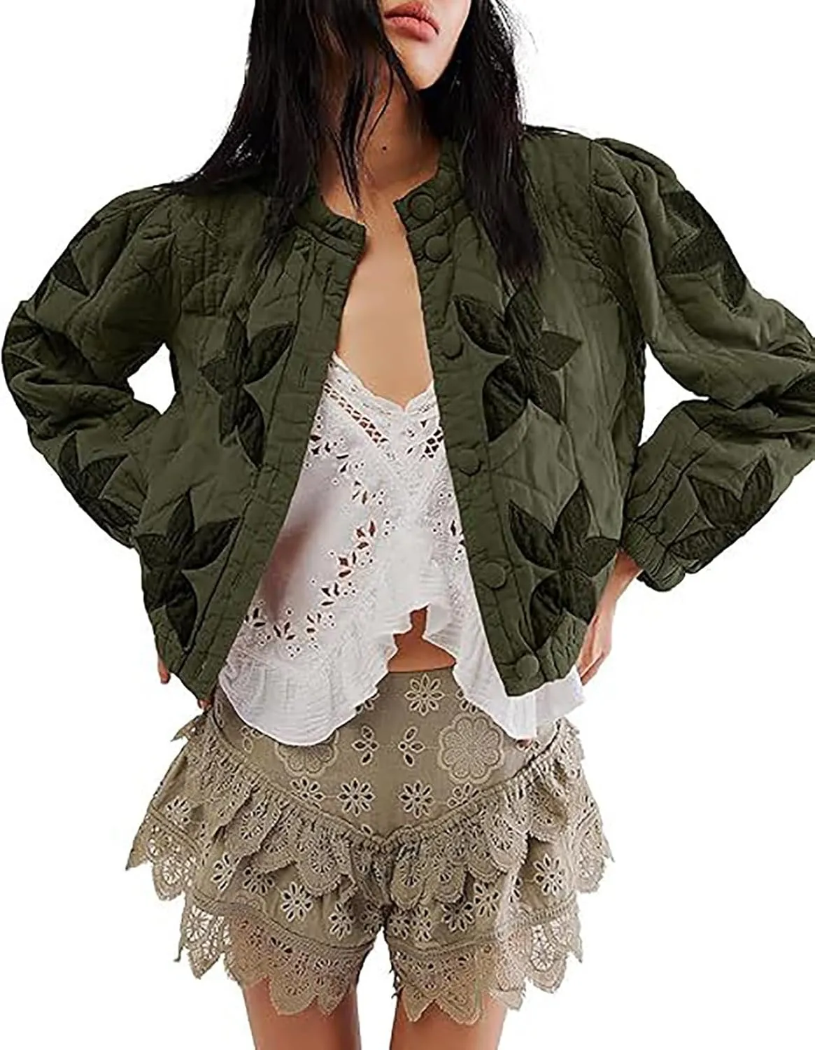 utcoco Women's Cropped Puffer Jacket Lightweight Floral Embroidery Button Down Padded Quilted Puffy Coat