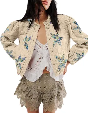 utcoco Women's Cropped Puffer Jacket Lightweight Floral Embroidery Button Down Padded Quilted Puffy Coat