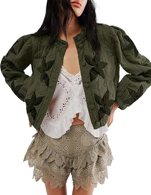 utcoco Women's Cropped Puffer Jacket Lightweight Floral Embroidery Button Down Padded Quilted Puffy Coat