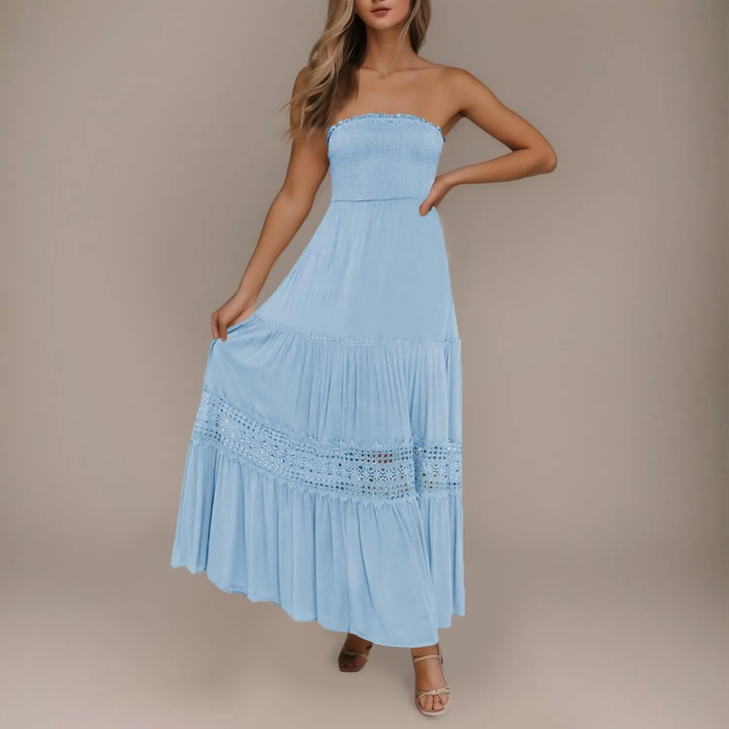 Vacation Dresses for Women Bohemian Off Shoulder Sleeveless Lace Back Maxi Dress Flowy Beach Dress Summer Dresses