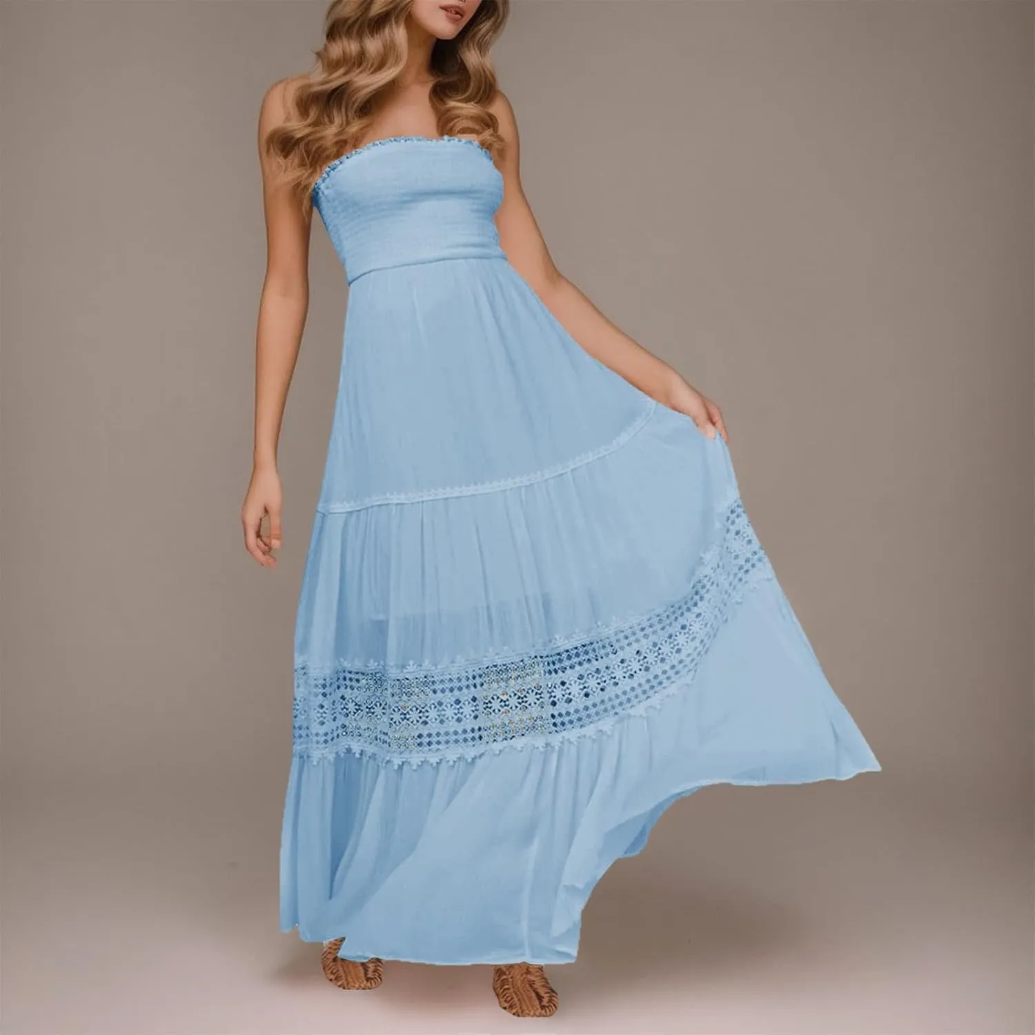 Vacation Dresses for Women Bohemian Off Shoulder Sleeveless Lace Back Maxi Dress Flowy Beach Dress Summer Dresses