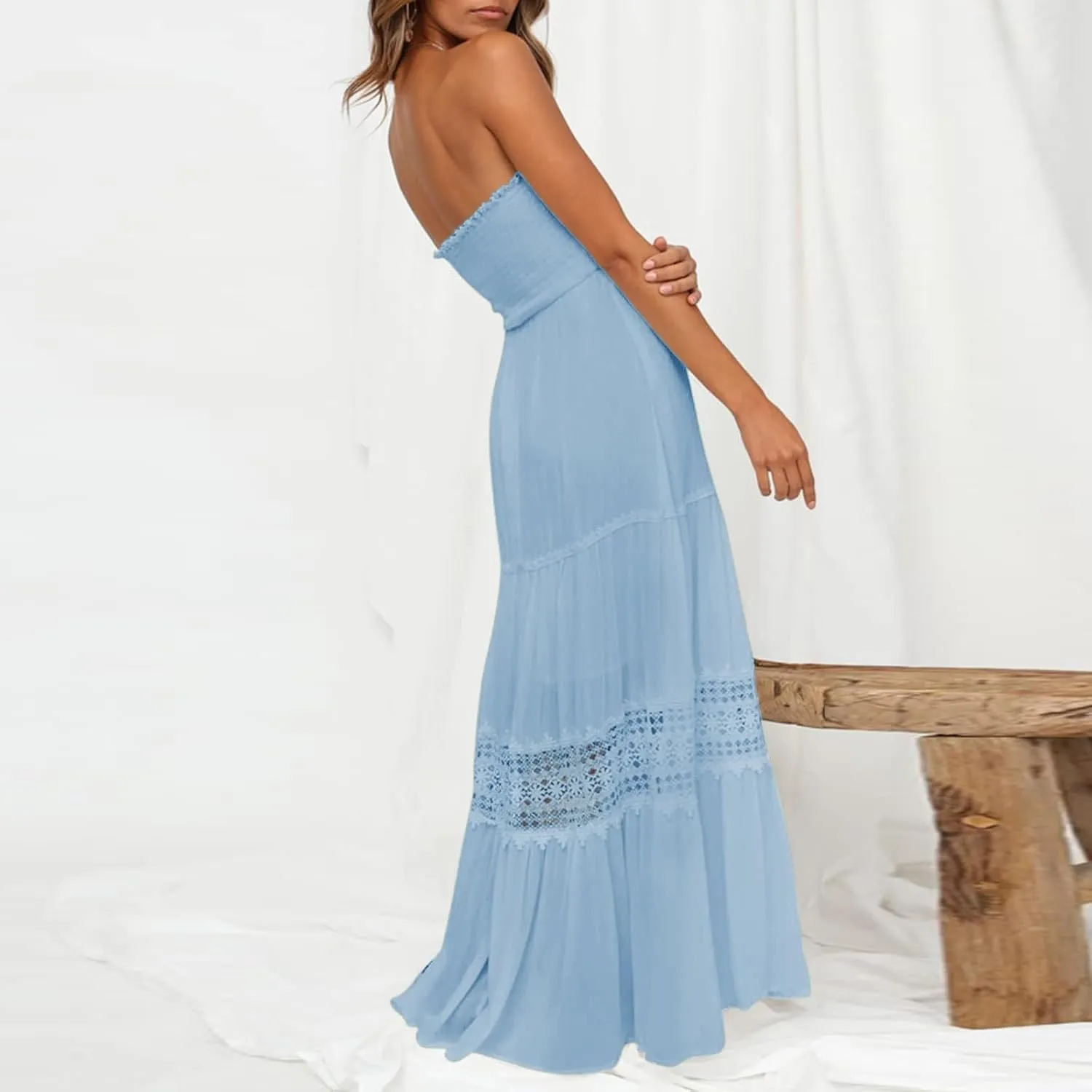 Vacation Dresses for Women Bohemian Off Shoulder Sleeveless Lace Back Maxi Dress Flowy Beach Dress Summer Dresses