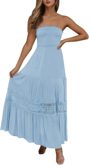 Vacation Dresses for Women Bohemian Off Shoulder Sleeveless Lace Back Maxi Dress Flowy Beach Dress Summer Dresses