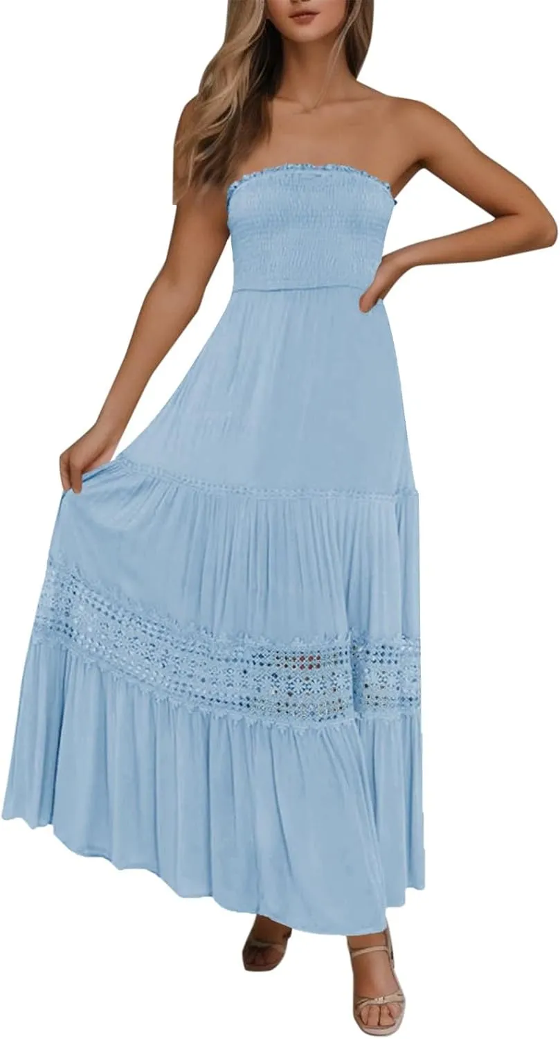 Vacation Dresses for Women Bohemian Off Shoulder Sleeveless Lace Back Maxi Dress Flowy Beach Dress Summer Dresses