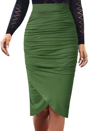 VFSHOW Womens Ruched Ruffle High Waist Asymmetric Wrap Casual Wok Office Party Slim Fitted Bodycon Pencil Midi Mid-Calf Skirt