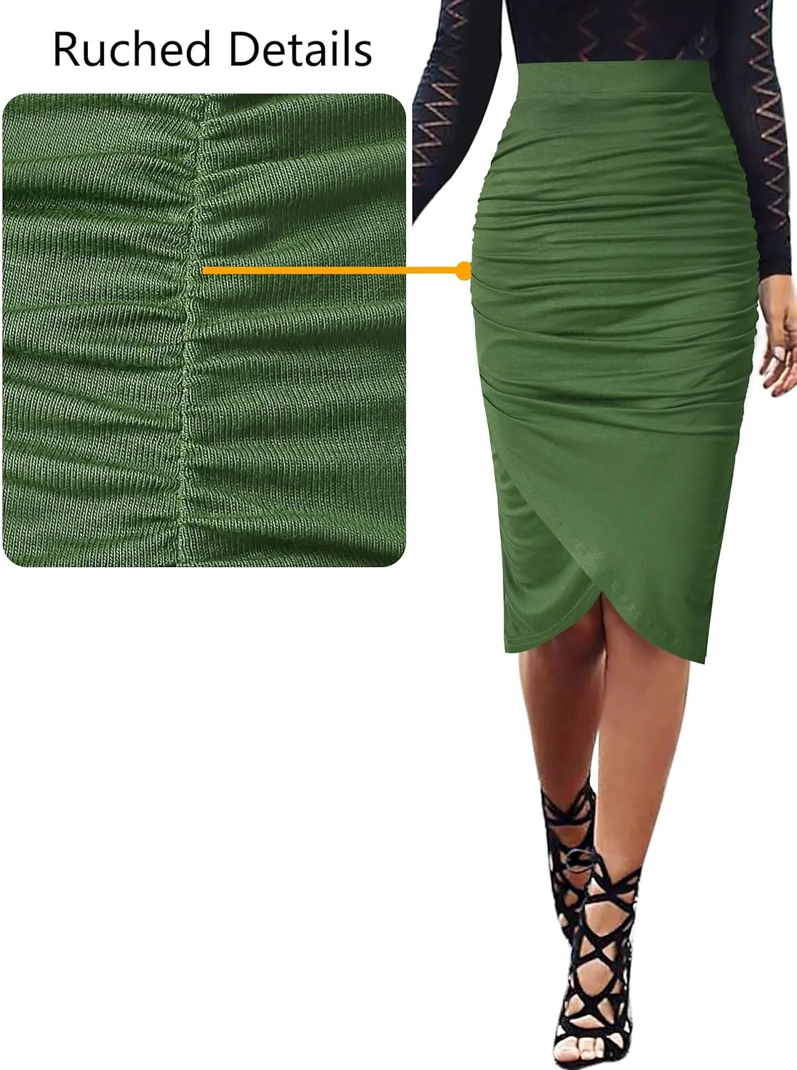 VFSHOW Womens Ruched Ruffle High Waist Asymmetric Wrap Casual Wok Office Party Slim Fitted Bodycon Pencil Midi Mid-Calf Skirt