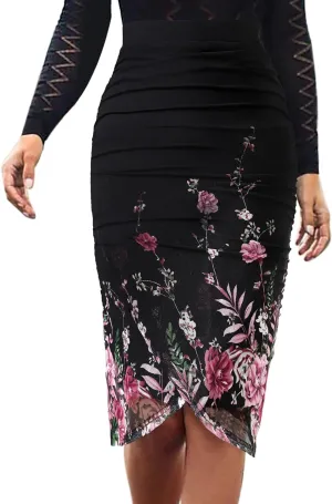 VFSHOW Womens Ruched Ruffle High Waist Asymmetric Wrap Casual Wok Office Party Slim Fitted Bodycon Pencil Midi Mid-Calf Skirt