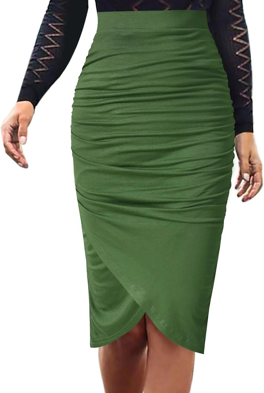 VFSHOW Womens Ruched Ruffle High Waist Asymmetric Wrap Casual Wok Office Party Slim Fitted Bodycon Pencil Midi Mid-Calf Skirt