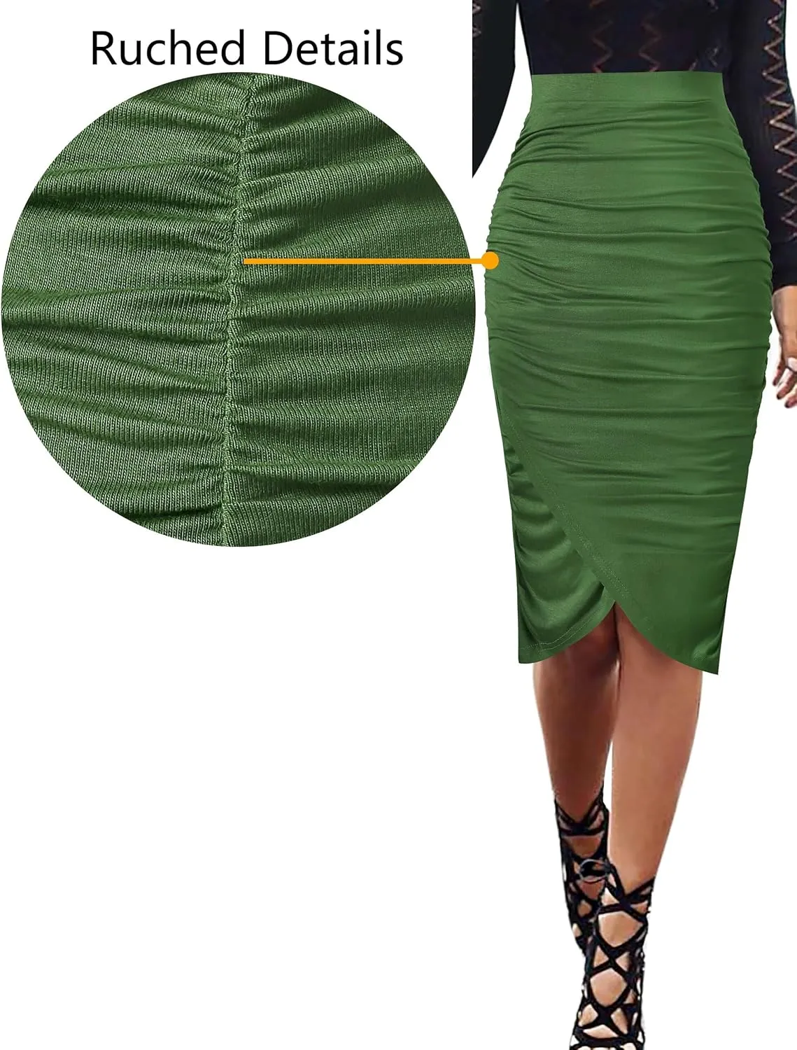 VFSHOW Womens Ruched Ruffle High Waist Asymmetric Wrap Casual Wok Office Party Slim Fitted Bodycon Pencil Midi Mid-Calf Skirt