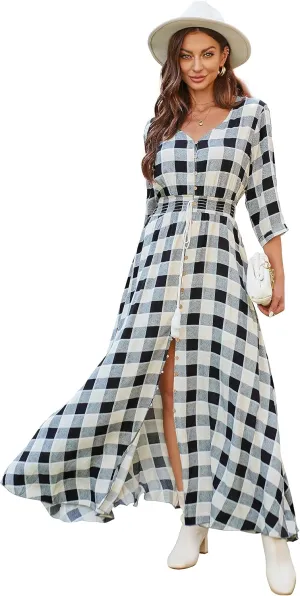 VintageClothing Women's Floral Maxi Dresses with Sleeves Flowy Boho Beach Dress