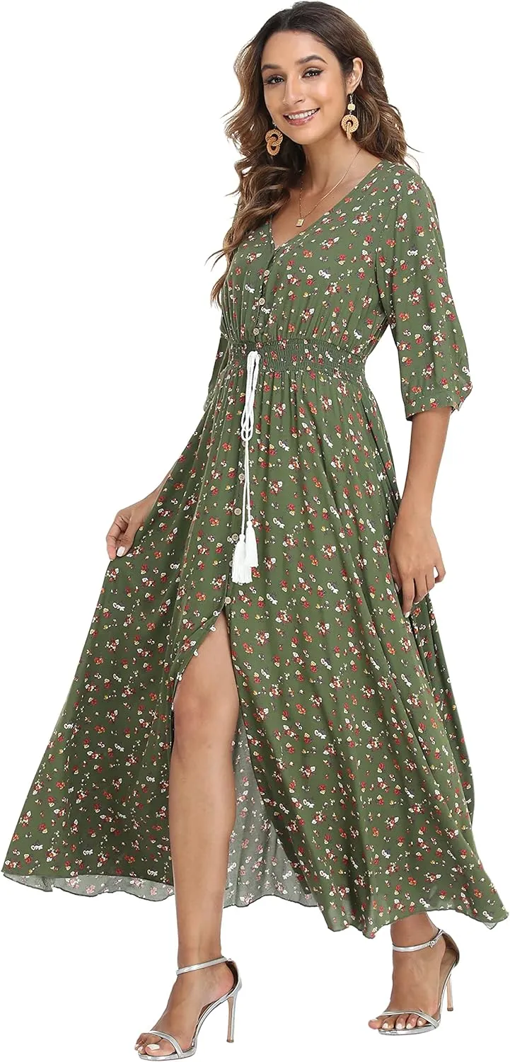 VintageClothing Women's Floral Maxi Dresses with Sleeves Flowy Boho Beach Dress