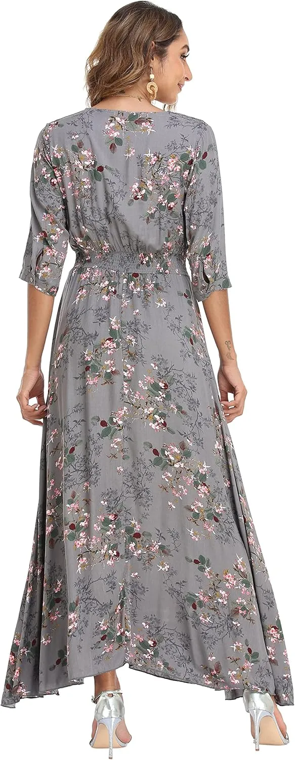 VintageClothing Women's Floral Maxi Dresses with Sleeves Flowy Boho Beach Dress