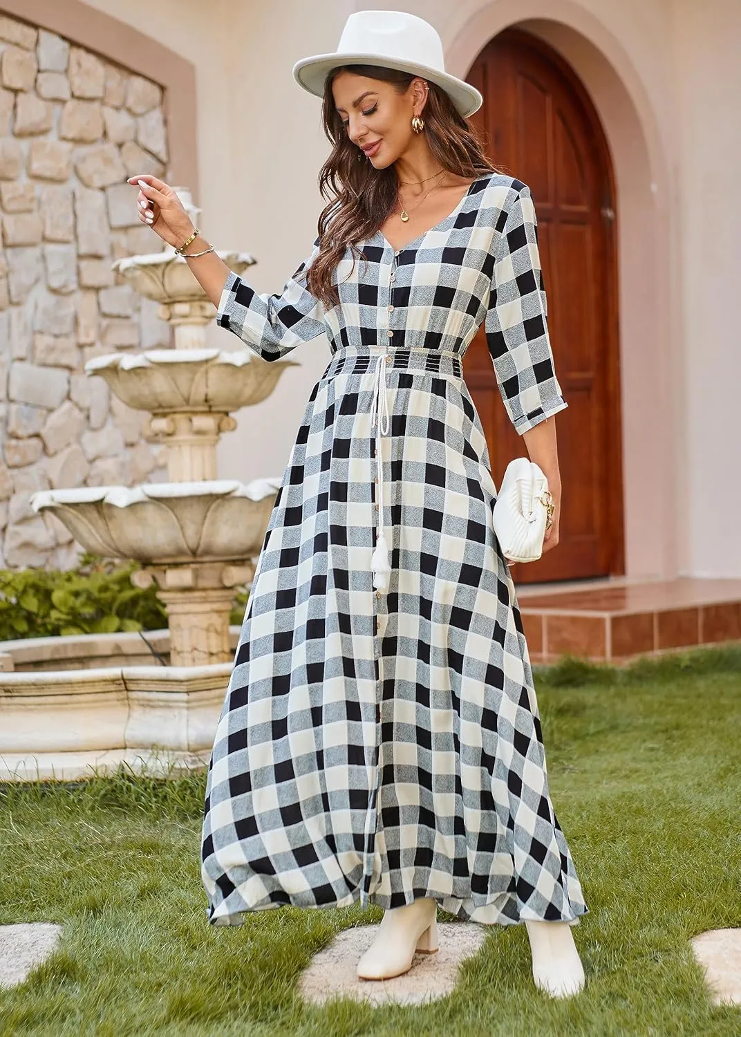 VintageClothing Women's Floral Maxi Dresses with Sleeves Flowy Boho Beach Dress
