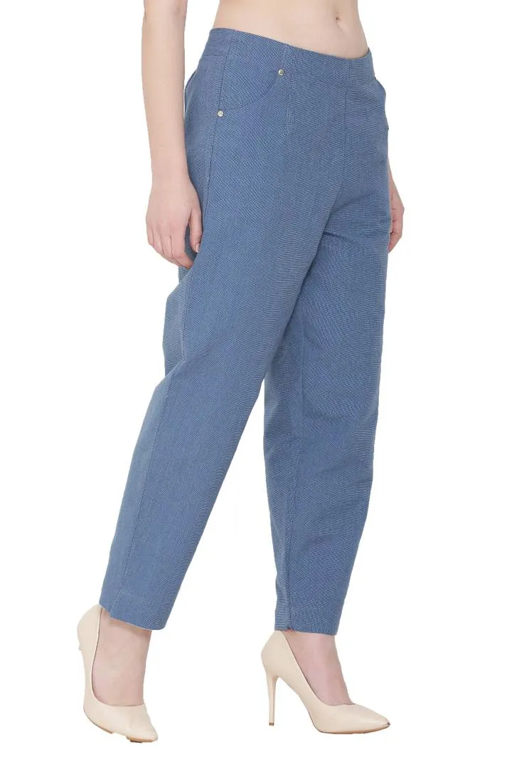 Women Blue Solid Cotton Linen Pant
