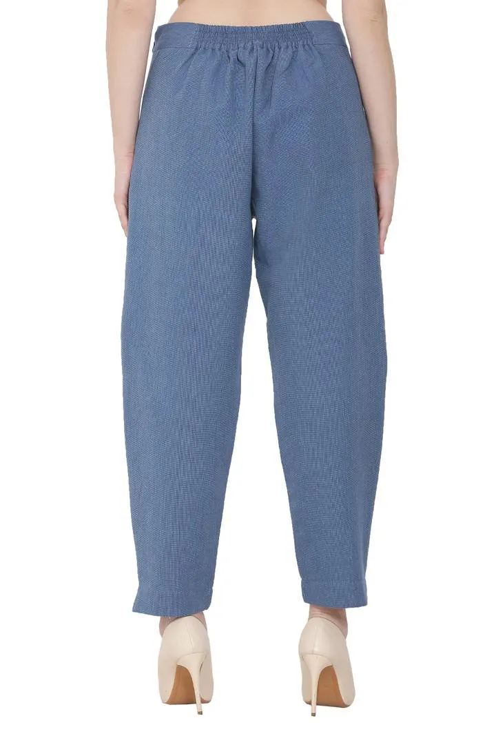 Women Blue Solid Cotton Linen Pant
