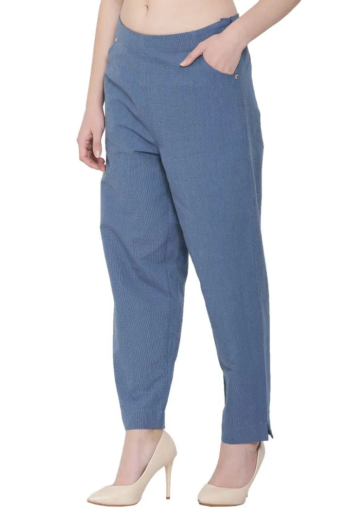 Women Blue Solid Cotton Linen Pant