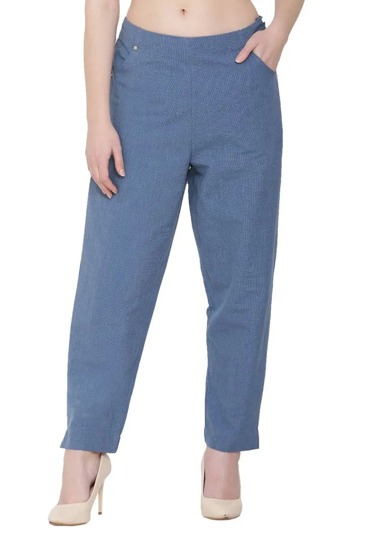 Women Blue Solid Cotton Linen Pant