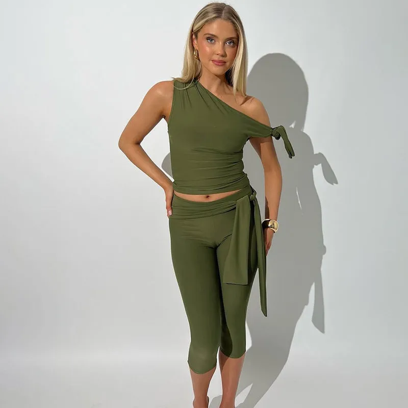 Women Clothing Summer Street Shooting Diagonal Collar Sleeveless Top Slim Fit Tied Shorts Suit