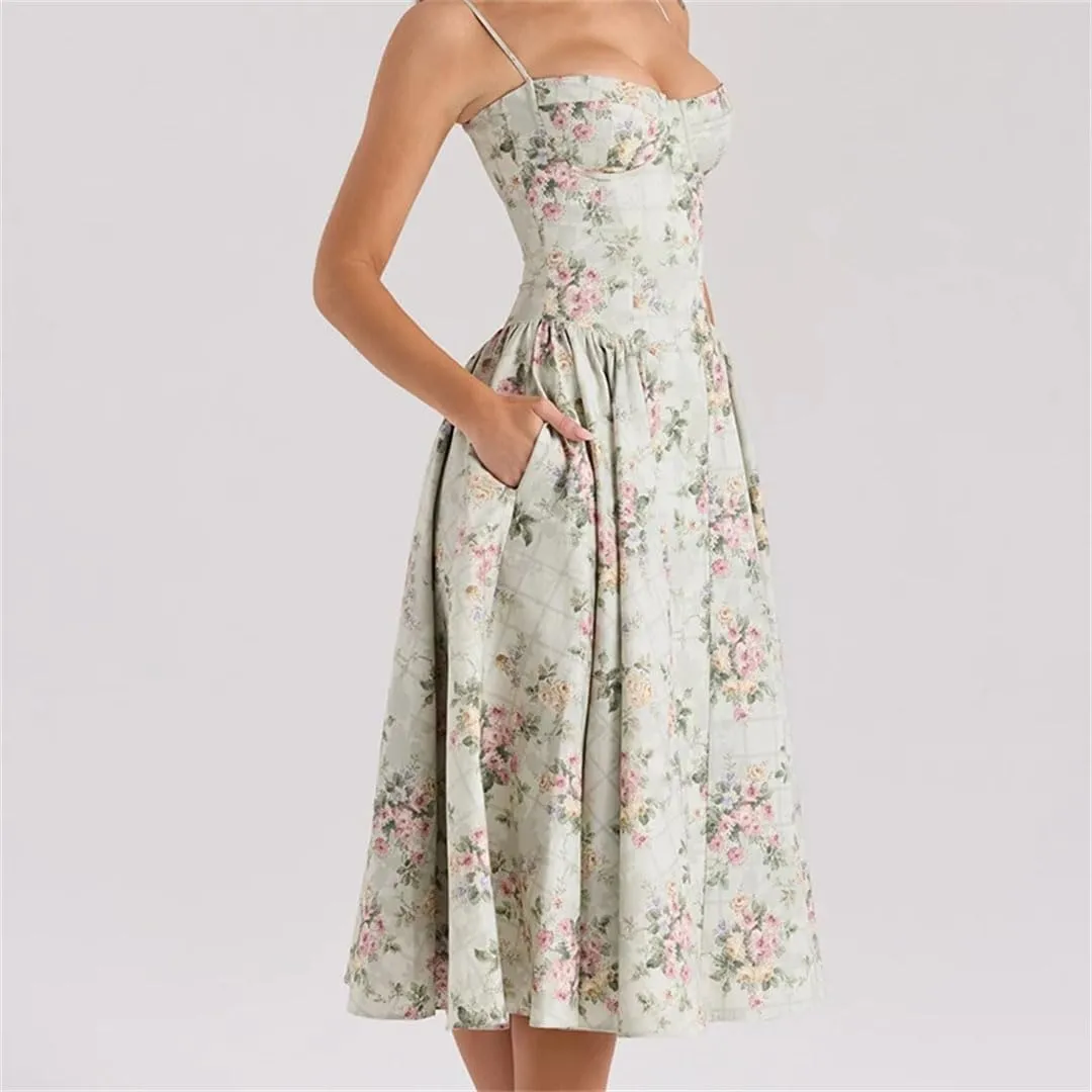 Women Elegant Casual Floral Print Low Waist Spaghetti Straps Pullover A-Line Slim Fit Midi Long Dresses