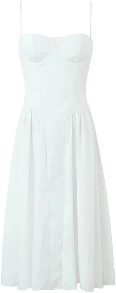 Women Elegant Casual Floral Print Low Waist Spaghetti Straps Pullover A-Line Slim Fit Midi Long Dresses