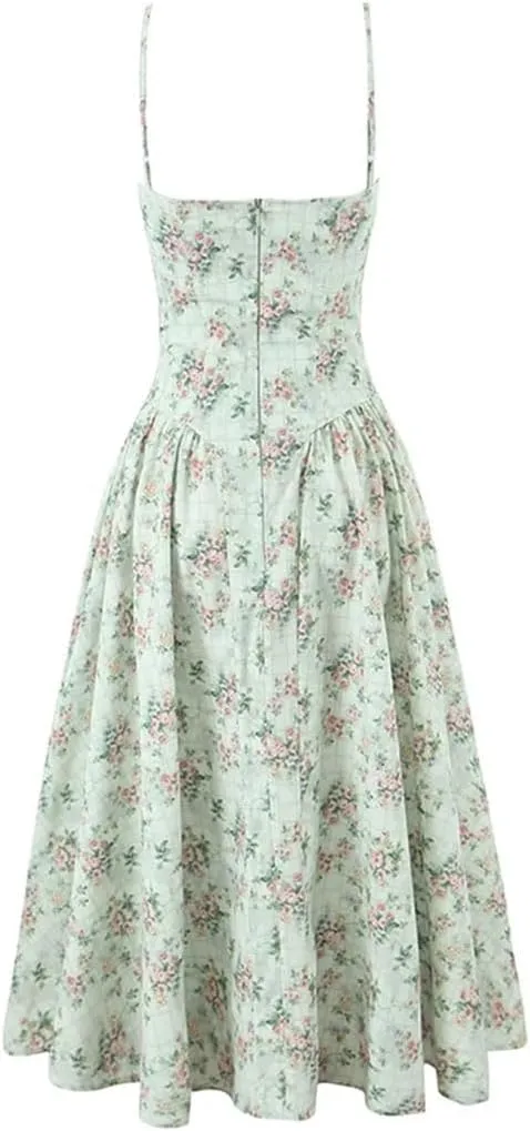 Women Elegant Casual Floral Print Low Waist Spaghetti Straps Pullover A-Line Slim Fit Midi Long Dresses