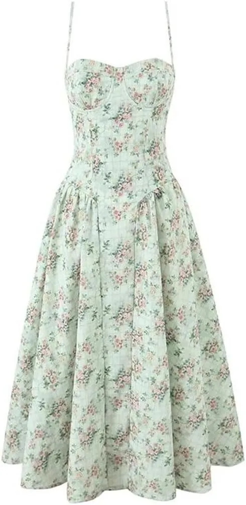 Women Elegant Casual Floral Print Low Waist Spaghetti Straps Pullover A-Line Slim Fit Midi Long Dresses