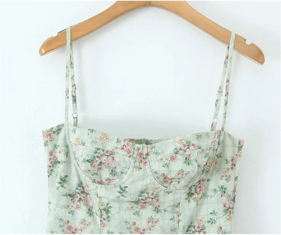 Women Elegant Casual Floral Print Low Waist Spaghetti Straps Pullover A-Line Slim Fit Midi Long Dresses