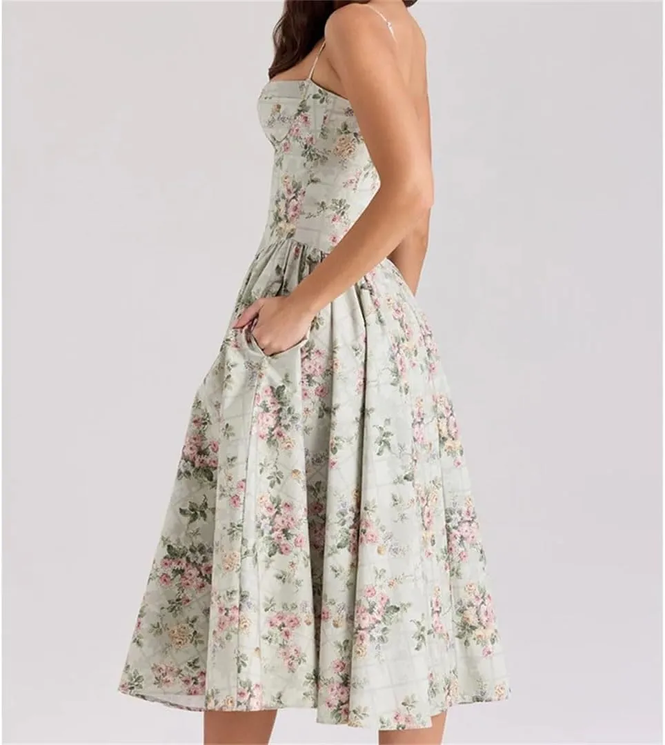 Women Elegant Casual Floral Print Low Waist Spaghetti Straps Pullover A-Line Slim Fit Midi Long Dresses