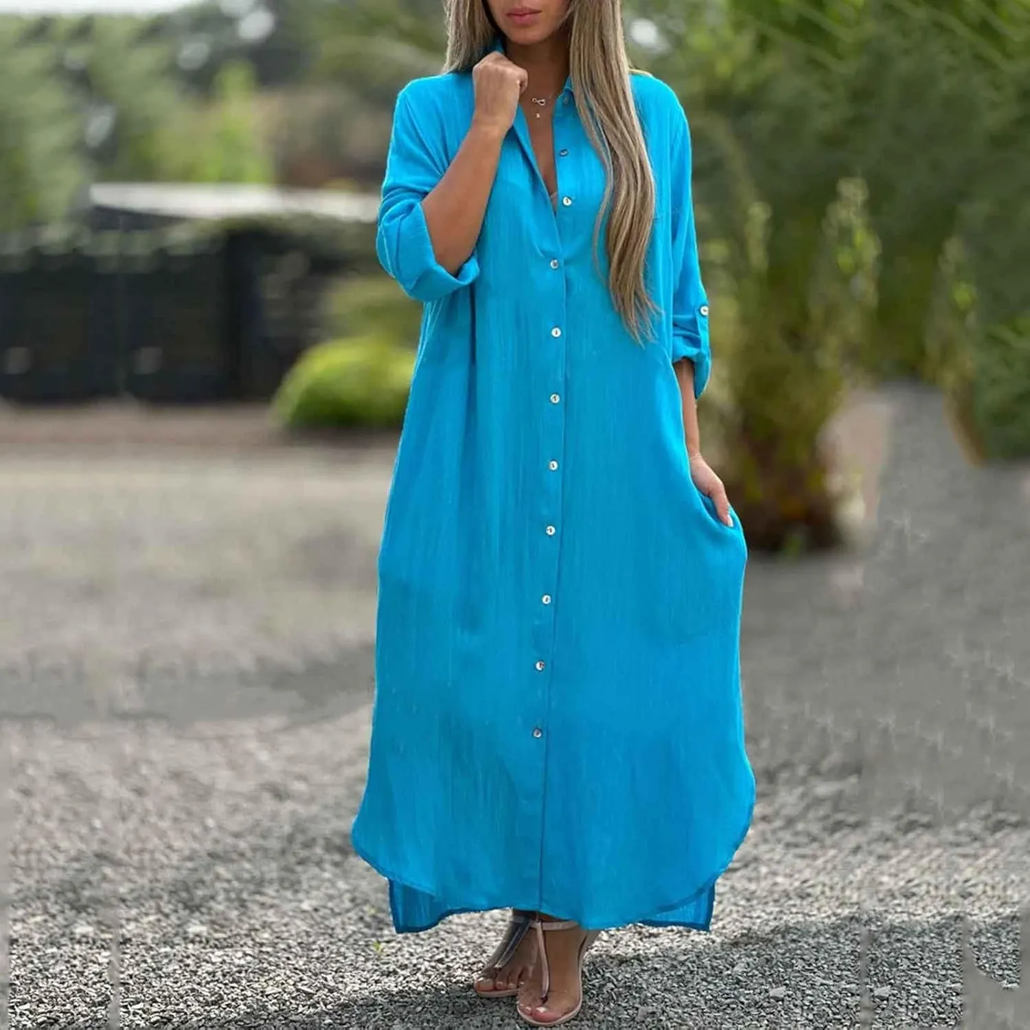 Women Fashion Solid Dress Shirt Long Skirt Casual Long Sleeve Cardigan Dress K Dresses for Women