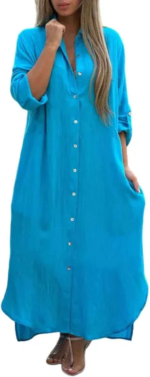Women Fashion Solid Dress Shirt Long Skirt Casual Long Sleeve Cardigan Dress K Dresses for Women