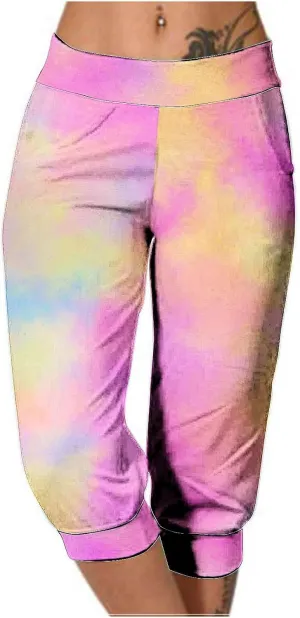 Women Irregular Striped Capris Pant Summer High Elastic Gaucho Sweatpants Side Pocket Yoga Trouser Lightweight Pants