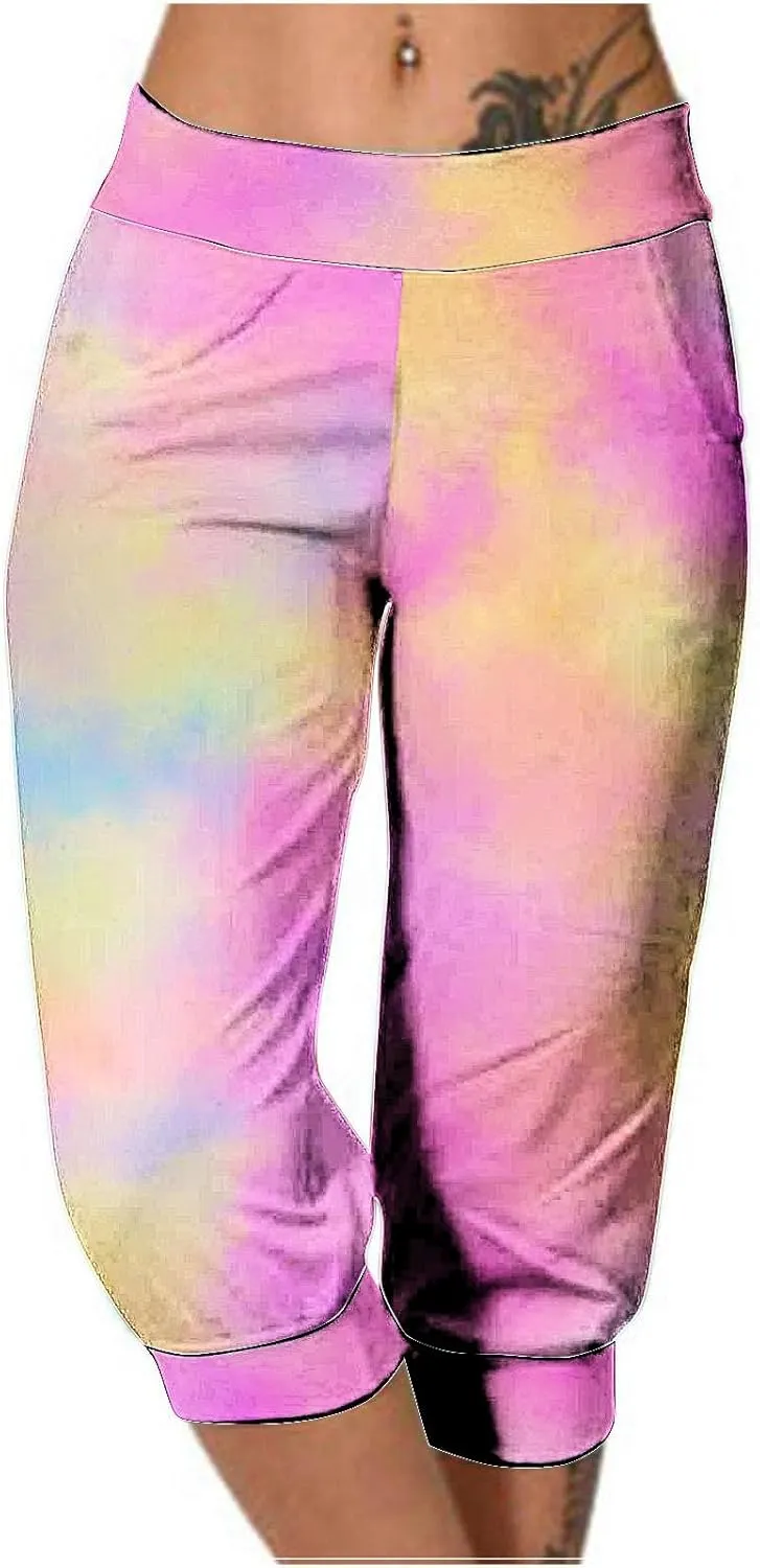 Women Irregular Striped Capris Pant Summer High Elastic Gaucho Sweatpants Side Pocket Yoga Trouser Lightweight Pants