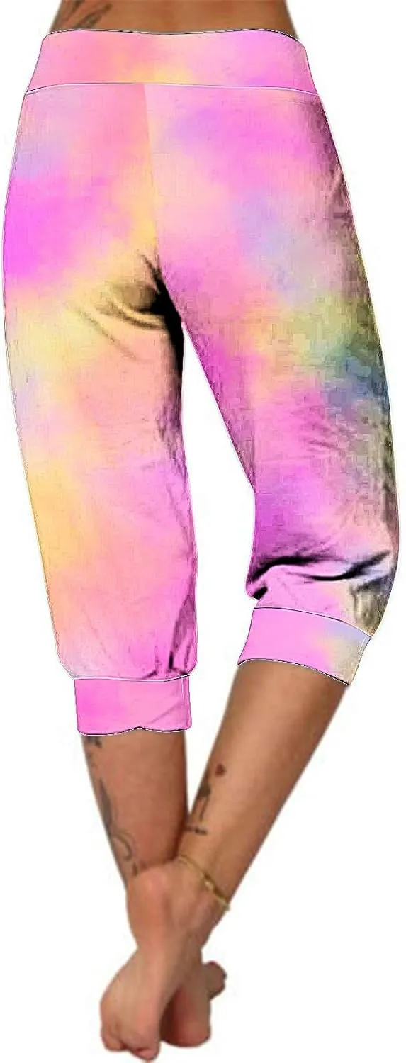 Women Irregular Striped Capris Pant Summer High Elastic Gaucho Sweatpants Side Pocket Yoga Trouser Lightweight Pants