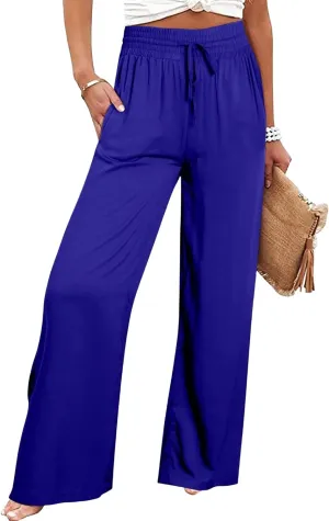 Womens Business Pants Fashion Dressy Wide Leg Work Pant Drawstring High Waisted Solid Color Loose Casual Trousers